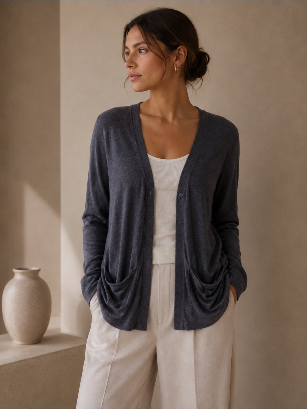 Lole Dark Grey VNeck Loose Cardigan Style Long Sleeve Shirt Medium